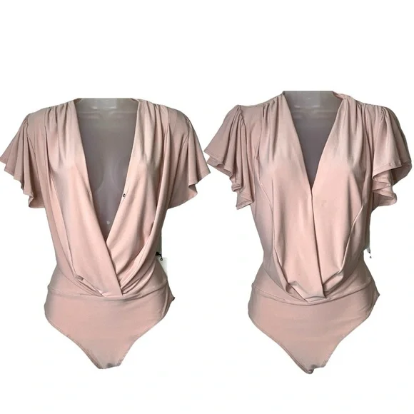 Haute Monde Ruffle Flutter Sleeve Mock Wrap Bodysuit Top Blush Pink Medium Sexy - Picture 3 of 16